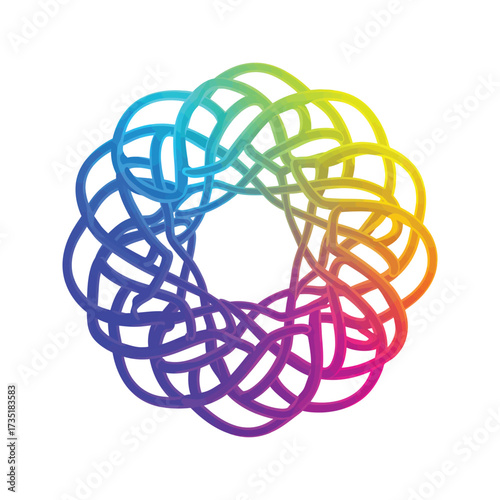 An abstract colorful circle object made of rubber elastic bands and wire knot