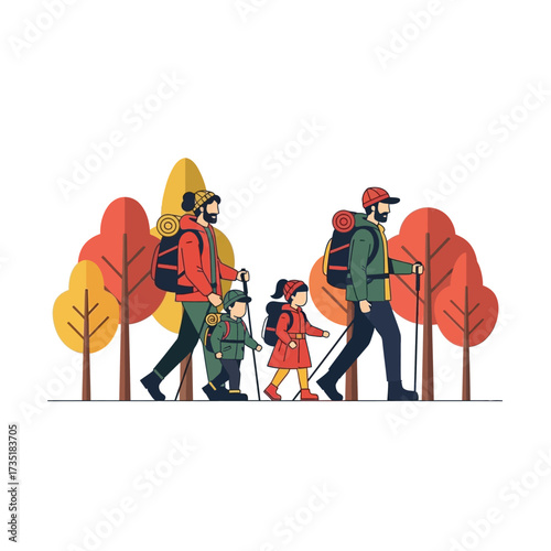 A family of four hikes through a colorful autumn forest, enjoying the outdoors together.