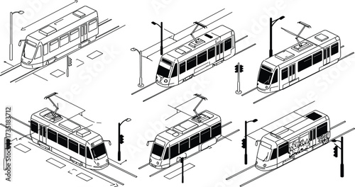 Isometric tram vector illustration, modern railway transport design, electric streetcar graphic, city metro vehicle, urban commute symbol, public transport art