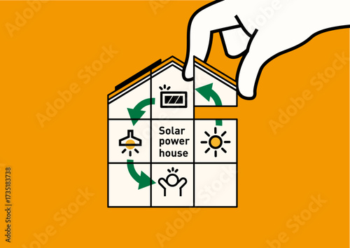 太陽光発電住宅の概念図イラスト｜再生可能エネルギー・自家消費・ZEH、ベクター