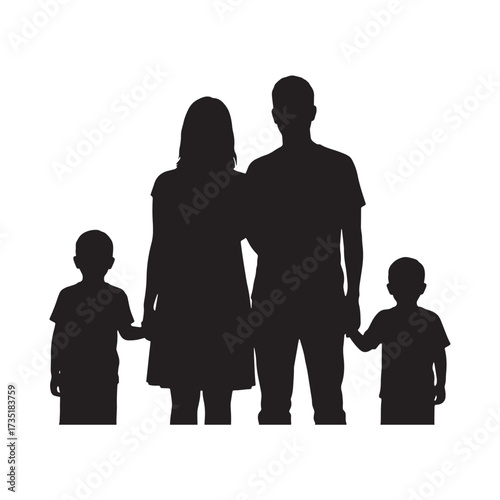 Black silhouette of a family of four with arms around each other on a white background