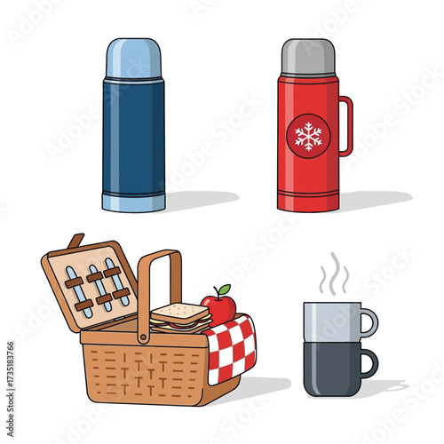 Illustration of a picnic setup including a basket, thermos, hot drinks, sandwich, and apple.