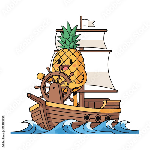 A cartoon pineapple character happily steers a wooden sailboat across ocean waves with a flag.