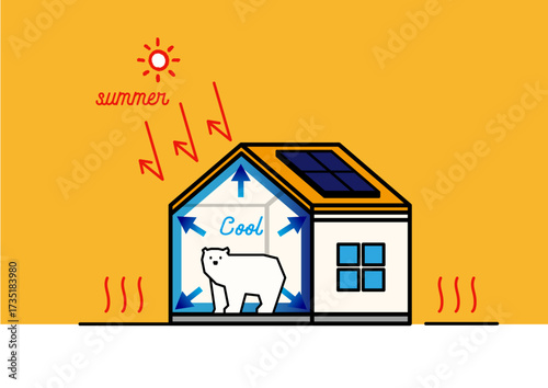 高気密・高断熱の家 夏も涼しい省エネ住宅の断面図イラスト ベクター