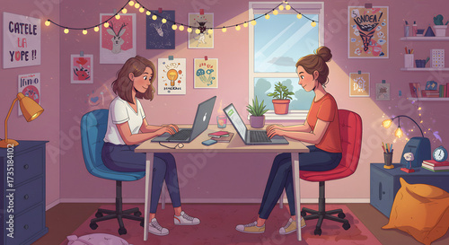 Two Female Students Study at Home with Laptops