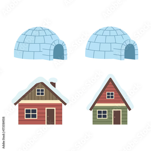 Illustration featuring an igloo and two different snow-covered houses.