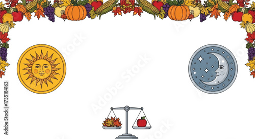 A symbolic illustration features the sun, moon, and a balance scale, framed by autumn harvest elements.
