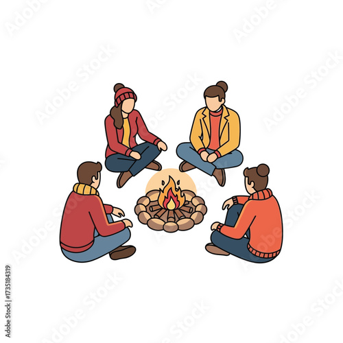 Four individuals sit around a campfire, engaging in conversation and enjoying the warmth.