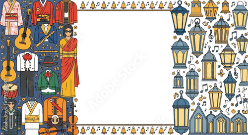 Colorful illustration showcasing diverse cultural attire and lanterns surrounding a blank space.