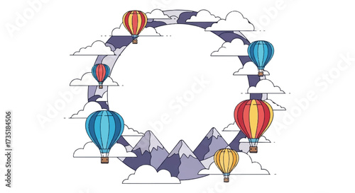 Colorful hot air balloons float around a circular frame with mountains and clouds, a whimsical illustration.