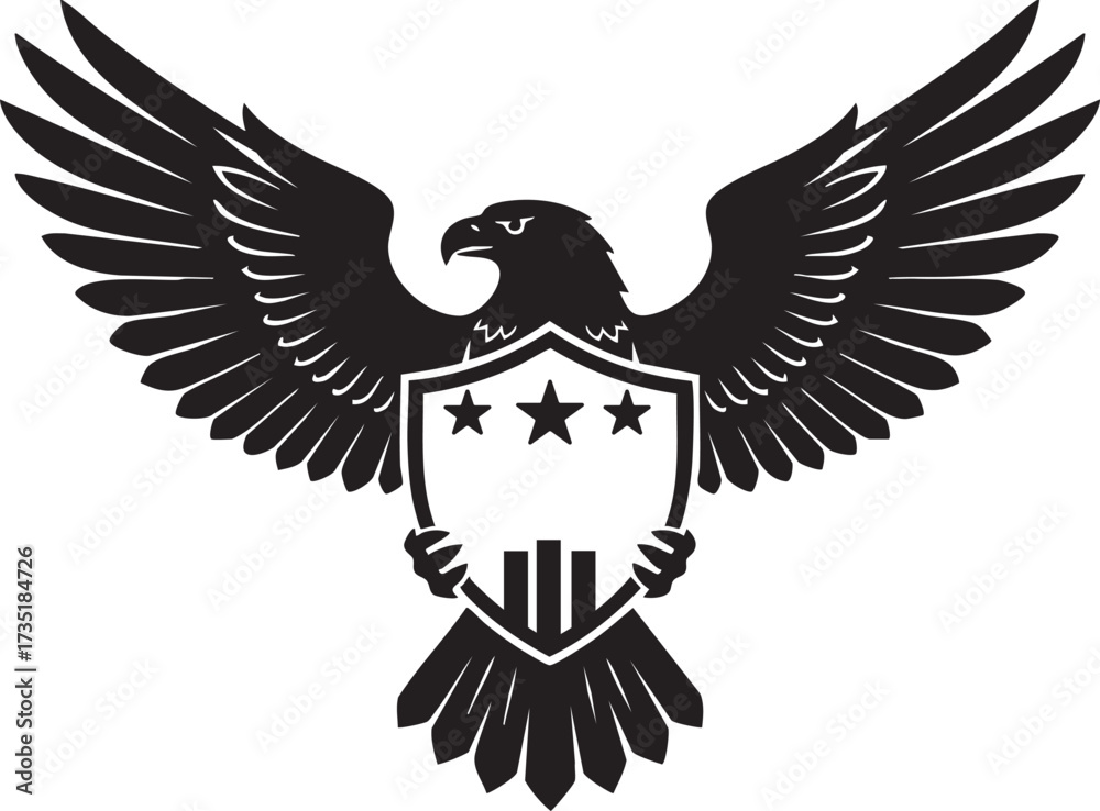 Fototapeta premium Strong American Bald Eagle with Patriotic Stars and Stripes Shield Vector Logo