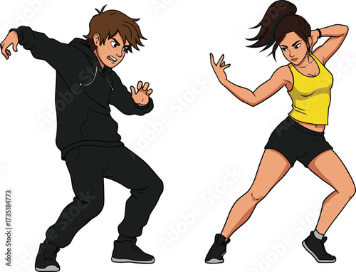 Young man and woman dancing energetic hip hop street style wearing sporty outfit performing dynamic moves modern fitness activity vector illustration