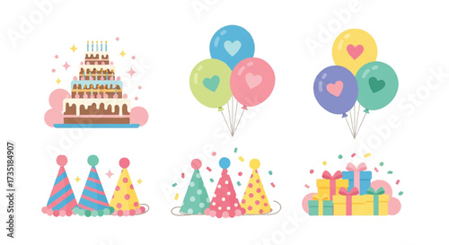 Colorful birthday party elements including cake, balloons, party hats, and wrapped gifts, all arranged on a white background.