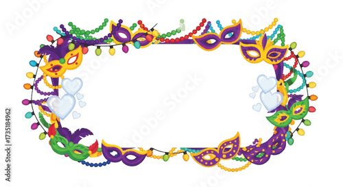 Colorful Mardi Gras mask decorations arranged in an oval frame with lights and beads.