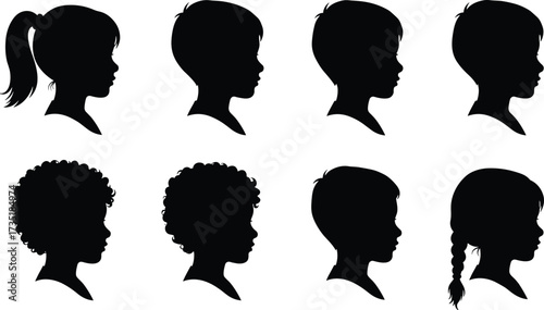 Children silhouette vector, kids profile side view, boy and girl head illustration, hairstyle outline, child face black graphic, isolated design