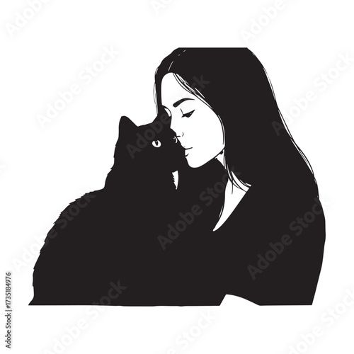 Woman embracing a black cat in silhouette embrace