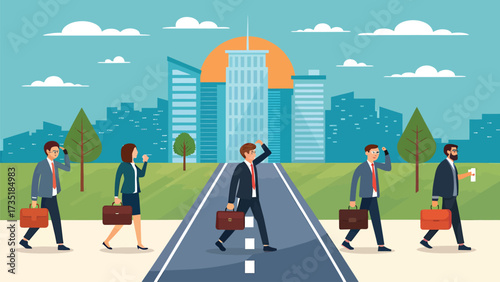 Flat vector illustration of business people walking on city street with buildings
