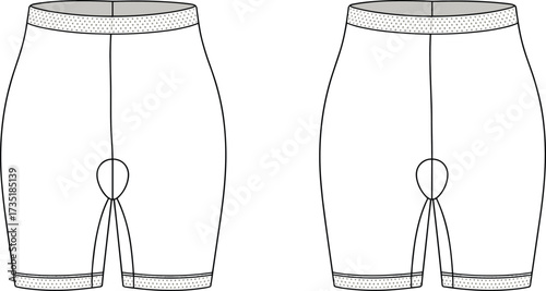 Flat vector cycling shorts front view, padded crotch, technical apparel design, sportswear illustration, garment template, fashion sketch, activewear concept