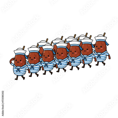 A cartoon illustration of a line of smiling, anthropomorphic beans dressed as sailors walking together.