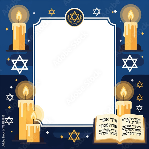 A stylized illustration featuring candles, a Star of David frame, and an open book with Hebrew text.