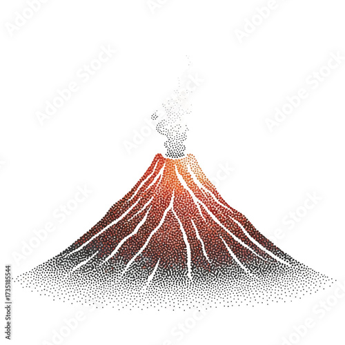 A stylized illustration of a volcano erupting with smoke and ash against a white background.