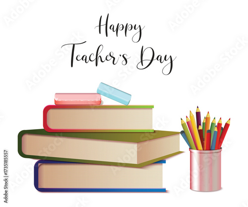Happy Teachers day hand written text design illustration with book, chalk and stationary isolated on white background.