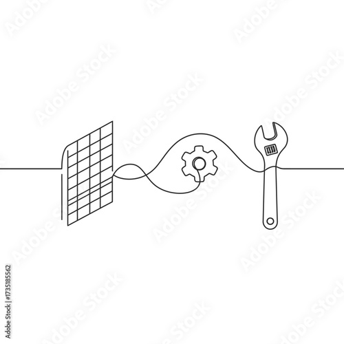 This minimalist continuous line drawing elegantly depicts the interconnected system of solar energy technology, mechanical engineering, and essential maintenance.