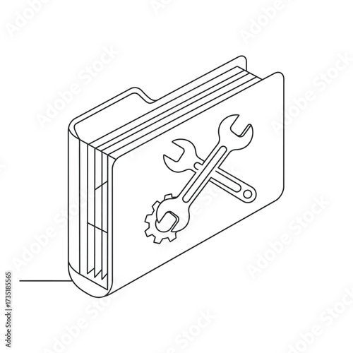An elegant isometric line art illustration depicts a folder displaying crossed wrenches and a gear, symbolizing technical documentation, system configuration, or maintenance.