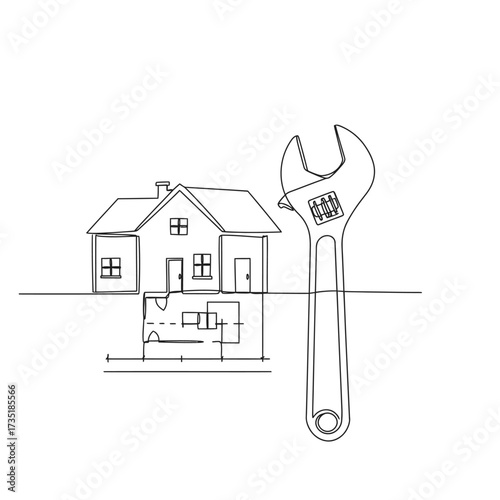 A clean continuous line illustration depicts a house, its blueprint, and a wrench, symbolizing home construction, planning, and essential maintenance services.
