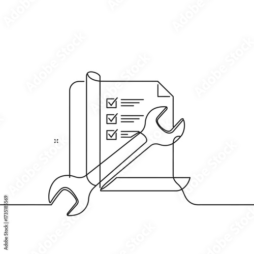 A minimalist continuous line drawing illustrates a document with a checklist and a wrench, symbolizing efficient service, technical support, or project configuration.
