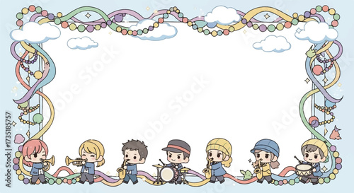 Cartoon band performing music with instruments, framed by decorative clouds and colorful ribbons.