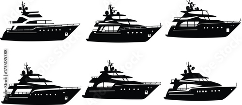 Luxury yacht silhouettes, modern motorboat icons, cruise ship illustration, ocean vessel graphic, marine transport design, nautical sea travel, sailing boat vector