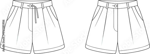 Flat vector fashion illustration of casual drawstring shorts and formal pleated shorts, front view, clothing design, editable outline style