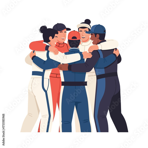 A diverse group of racers in uniforms are huddled together, embracing in celebration.