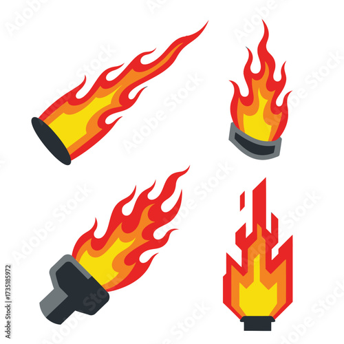 Four different stylized flame designs, including a torch, a fireball, and a pixelated fire graphic.