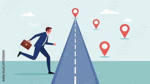 Flat vector illustration of businessman running on road with location pins to goal
