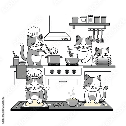 Cartoon cats cooking in a kitchen, stirring pots, kneading dough, and stacking plates.