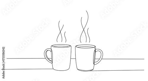 Continuous line drawing of two steaming mugs on a white background, perfect for coffee or tea concepts
