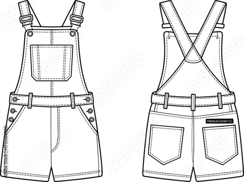 Flat vector denim overalls technical fashion illustration, front and back view, garment design, apparel template, clothing construction, editable outline