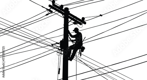 Electric pole worker, lineman silhouette, utility maintenance, power line repair, electrical safety, energy industry, construction service, high voltage, electricity infrastructure, grid
