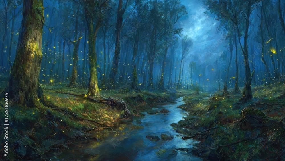 Obraz premium A tranquil forest at night, illuminated by fireflies.
