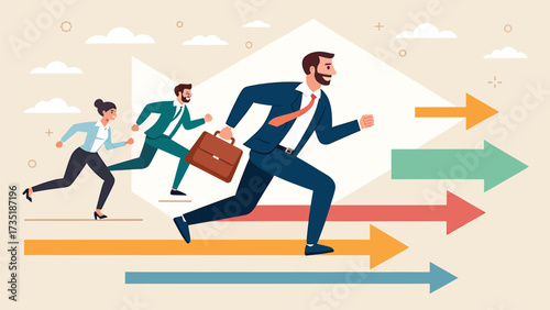 Flat vector illustration of business people running with arrows symbol of competition growth and career success
