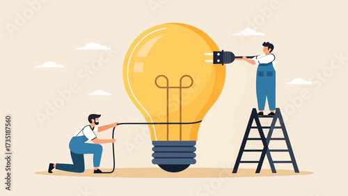Flat vector illustration of people connecting big light bulb with cable symbol of teamwork idea and innovation
