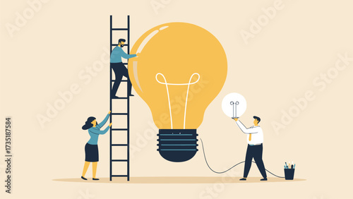 Flat vector illustration of business people creating big light bulb idea with teamwork and innovation
