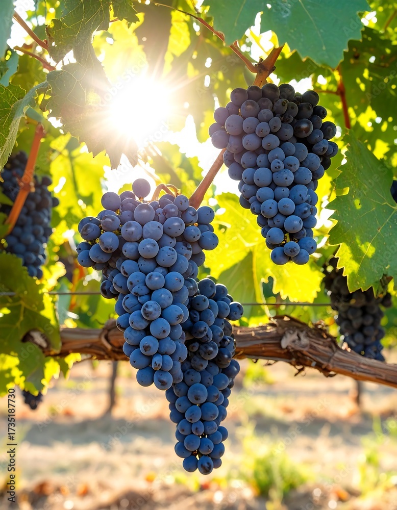 Naklejka premium Clusters of dark purple grapes hanging from vines under a bright sun