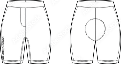 Flat vector technical drawing of cycling shorts, front and back view, sportswear design, padded chamois detail, athletic clothing template