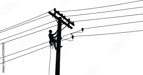Electric worker, power line repair, utility pole maintenance, lineman silhouette, electricity wires, safety harness, energy distribution, electrical service, infrastructure repair, vector illustration