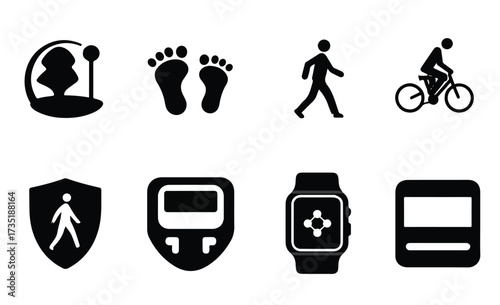 Black and White Icon Set Representing Health Fitness and Active Lifestyle Choices for Wellness and Vitality