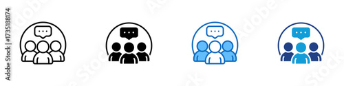 Group Chat Multiple Style Icon Design Vector - Three people with speech bubble above, symbolizing group conversation or community discussion