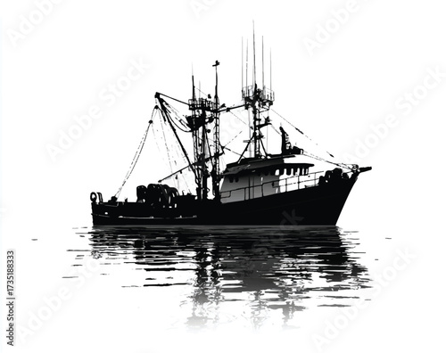 Black and White Illustration of a Fishing Trawler with Reflection on Water Surface a Vessel on the Sea